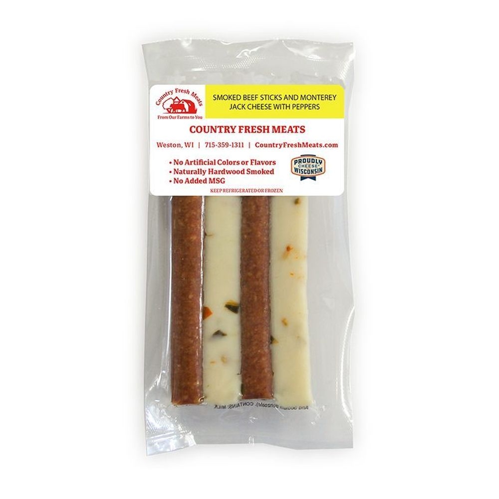 Country Fresh 3 Ounce Smoked Beef Sticks and Monterey Jack Cheese with Peppers, 8 count -- 6 per case