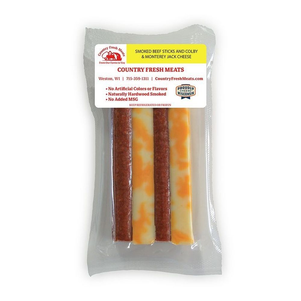 Country Fresh 3 Ounce Smoked Beef Sticks and Colby and Monterey Jack Cheese, 8 count -- 6 per case