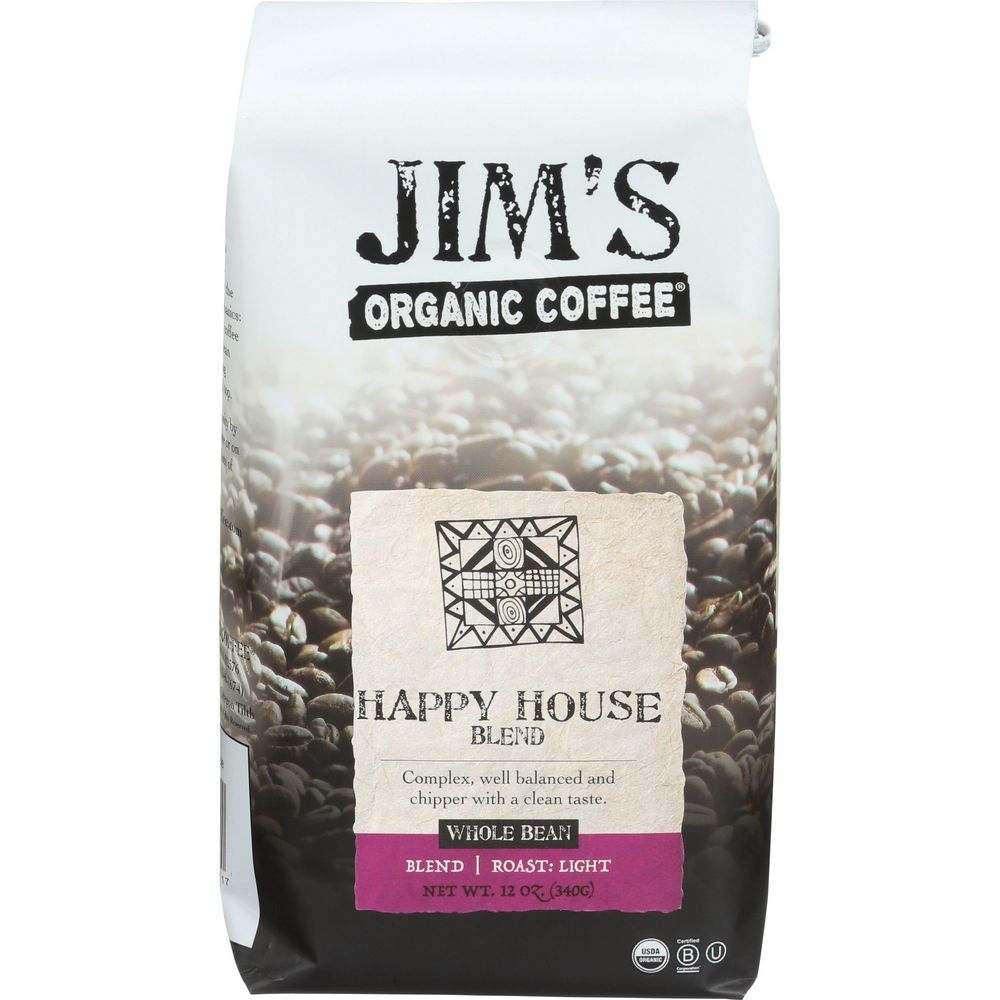 Jims Organic Coffee Light Roast Happy House Blend Whole Bean Coffee, 12 Ounce -- 6 per case