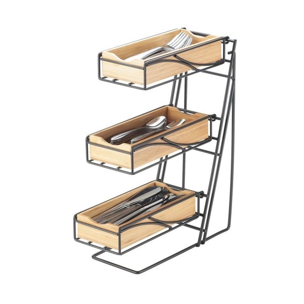 Cal-Mil Black Frame 3 Tier Condiment Display with Bamboo Bin, 5.25 x 14 x 18 inch