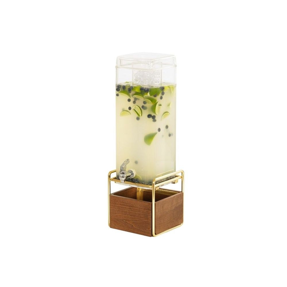 Cal-Mil Mid-Century 3 Gallon Square Beverage Dispenser with Walnut and Brass Base and Ice Chamber, 8.25 x 10 x 24 inch