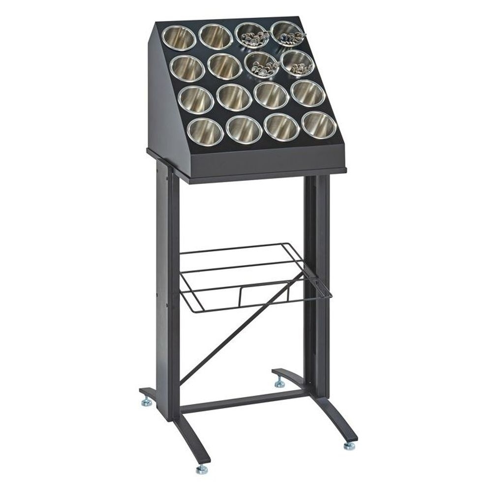 Cal-Mil Black Floorstanding Bulk Condiment Unit Base with Wood Overlay Panels, 21.5 x 24 x 36 inch