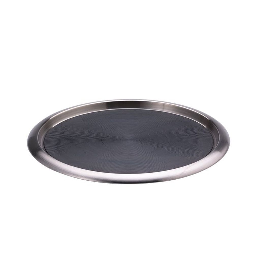 Service Ideas Brushed Stainless Non Slip Round Molded-Insert Stackable Bar and Serving Tray, 14 x 14 x 1 inch
