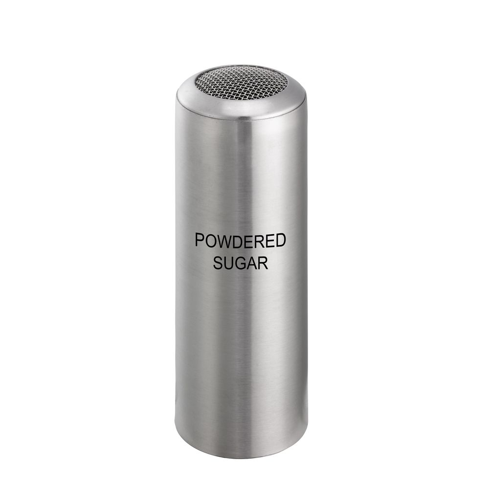 Service Ideas Stainless Steel Brushed Finish Powdered Sugar Print Mesh Top Condiment Shaker, 6 Ounce Capacity