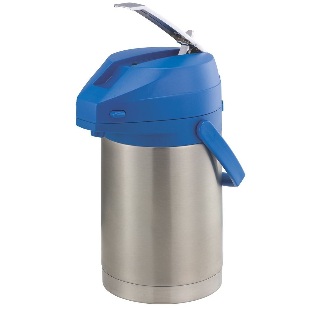 Service Ideas Color Me SVAC Brushed Stainless Finish Vacuum Insulated Airpot with Blue Lever Pump Lid, 2.2 Liter Capacity -- 6 per case