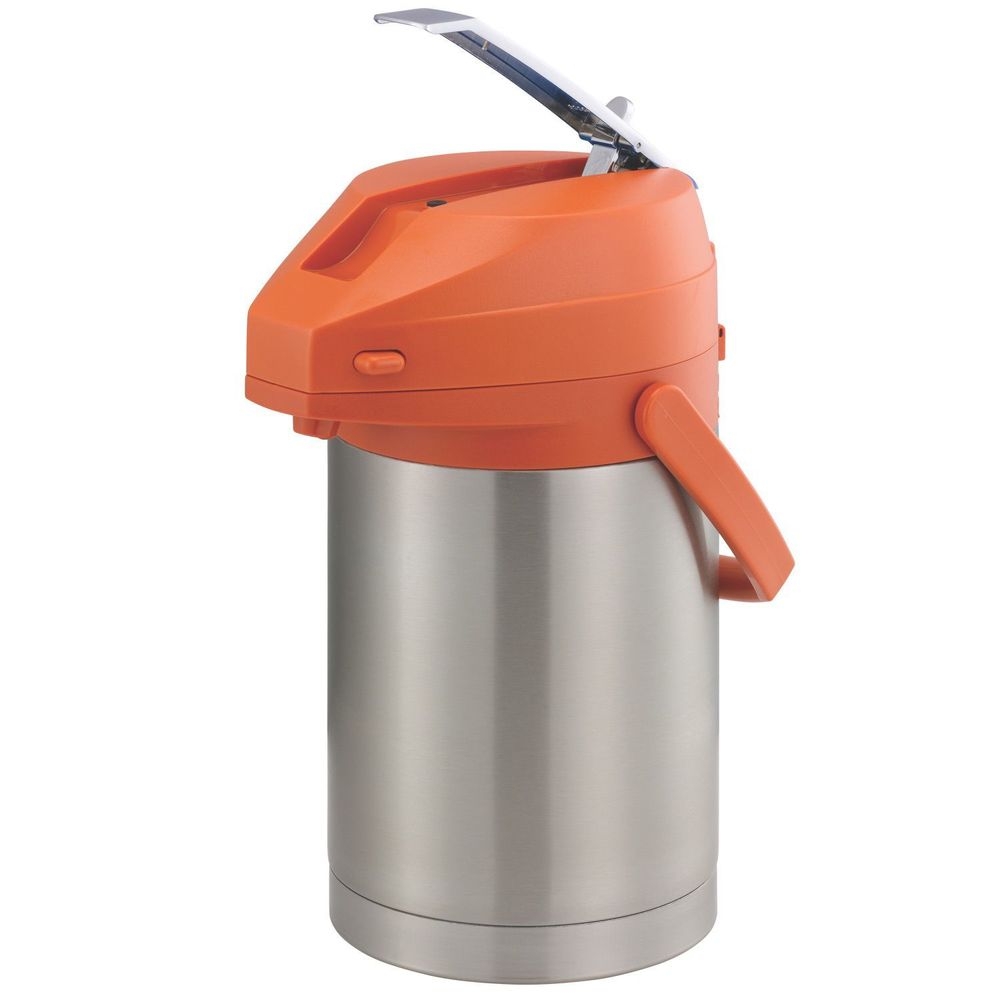 Service Ideas Color Me SVAC Brushed Stainless Finish Vacuum Insulated Airpot with Orange Lever Pump Lid, 2.2 Liter Capacity -- 6 per case