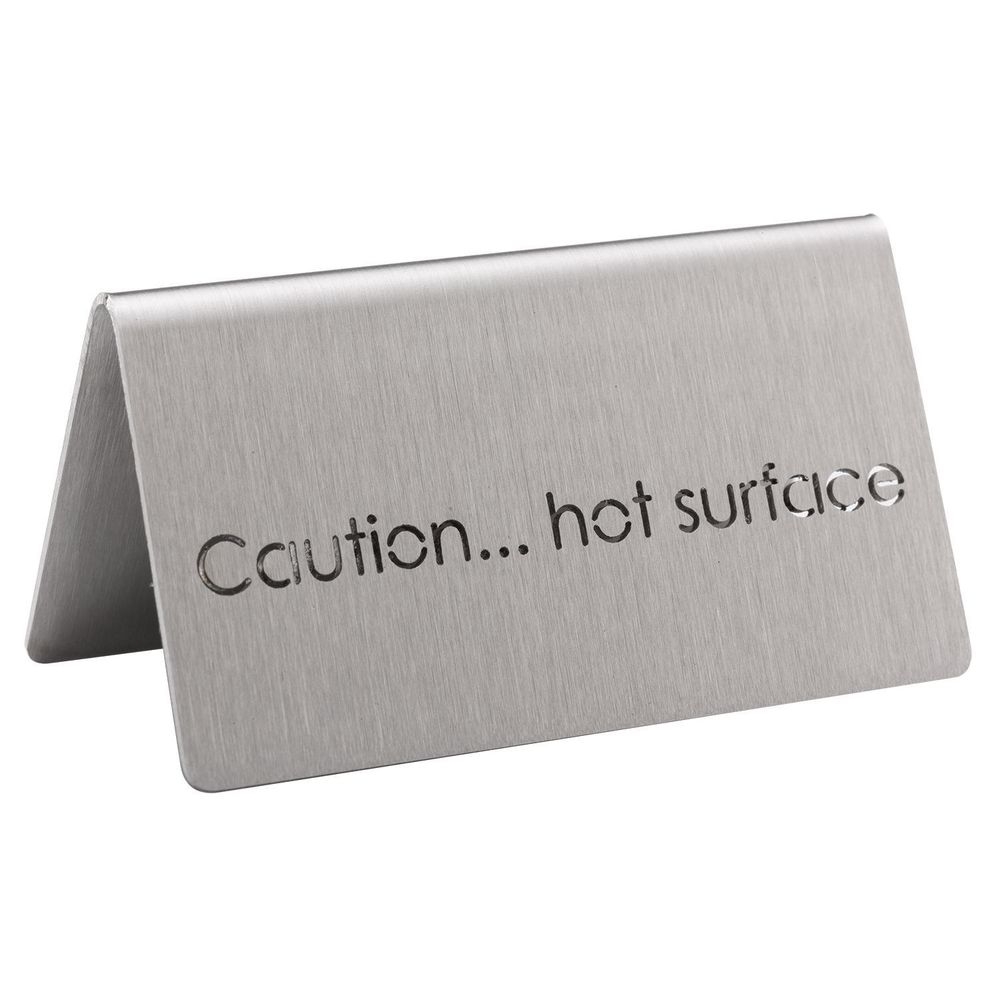 Service Ideas 18/8 Stainless Steel Brushed Finish Caution Hot Surface Laser Cut ID Table Tent, 1.75 inch Width x 1.5 inch Height