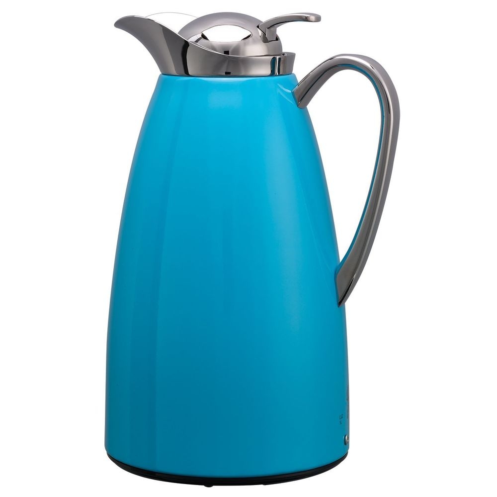 Service Ideas Classy Blue Finish Glass Vacuum Insulated Carafe with Push Button, 1 Liter Capacity -- 6 per case