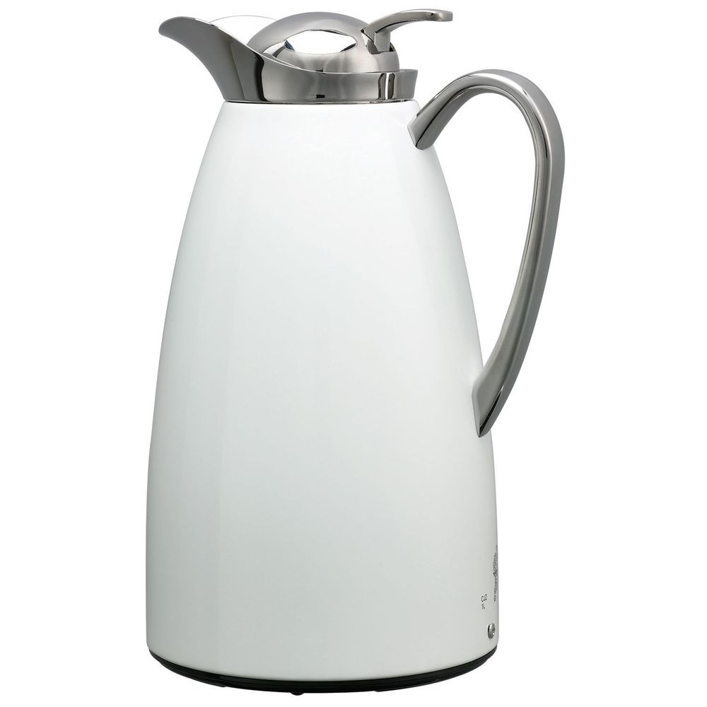 Service Ideas Classy White Finish Glass Vacuum Insulated Carafe with Push Button, 1 Liter Capacity -- 6 per case