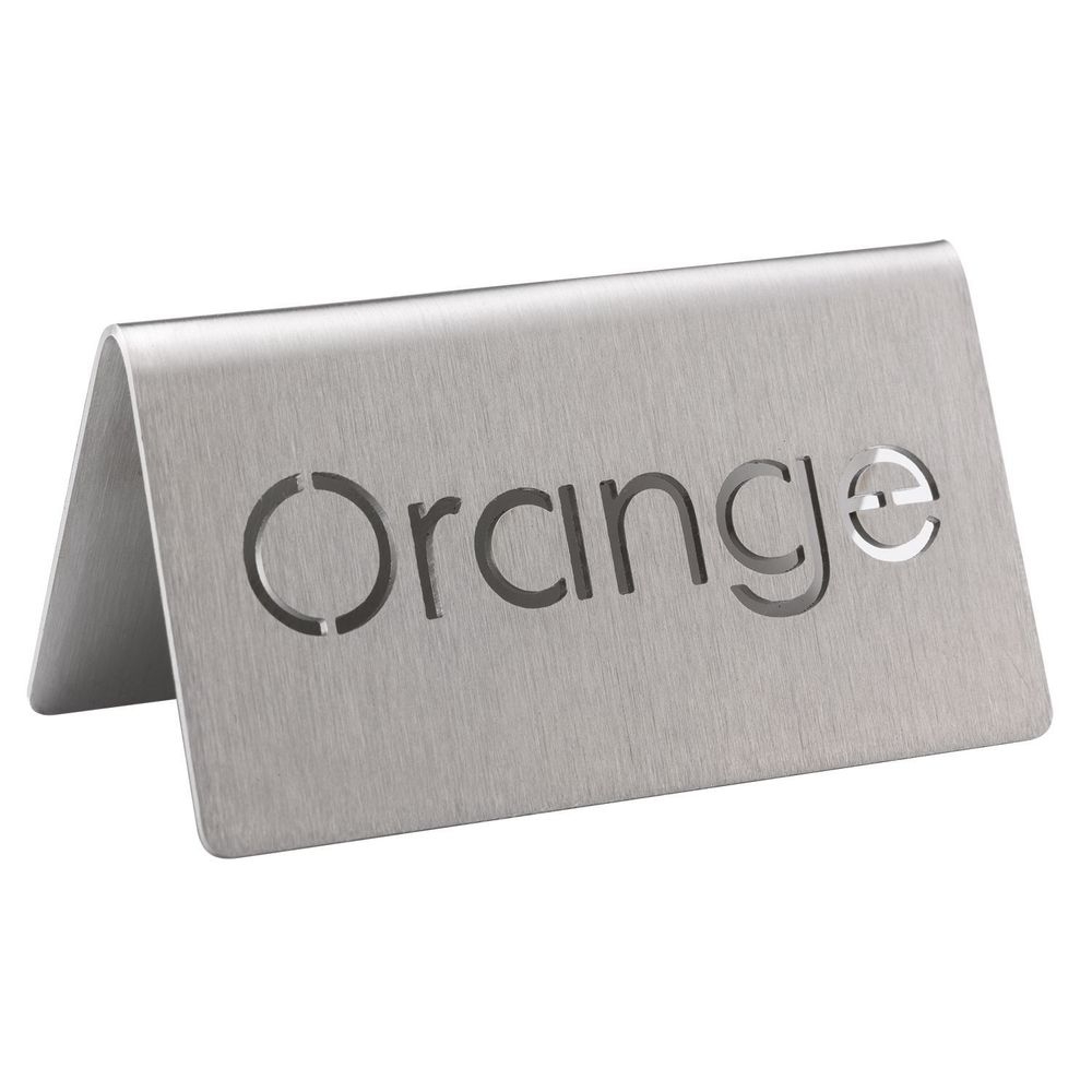 Service Ideas 18/8 Stainless Steel Brushed Finish Orange Laser Cut ID Table Tent, 1.75 inch Width x 1.5 inch Height