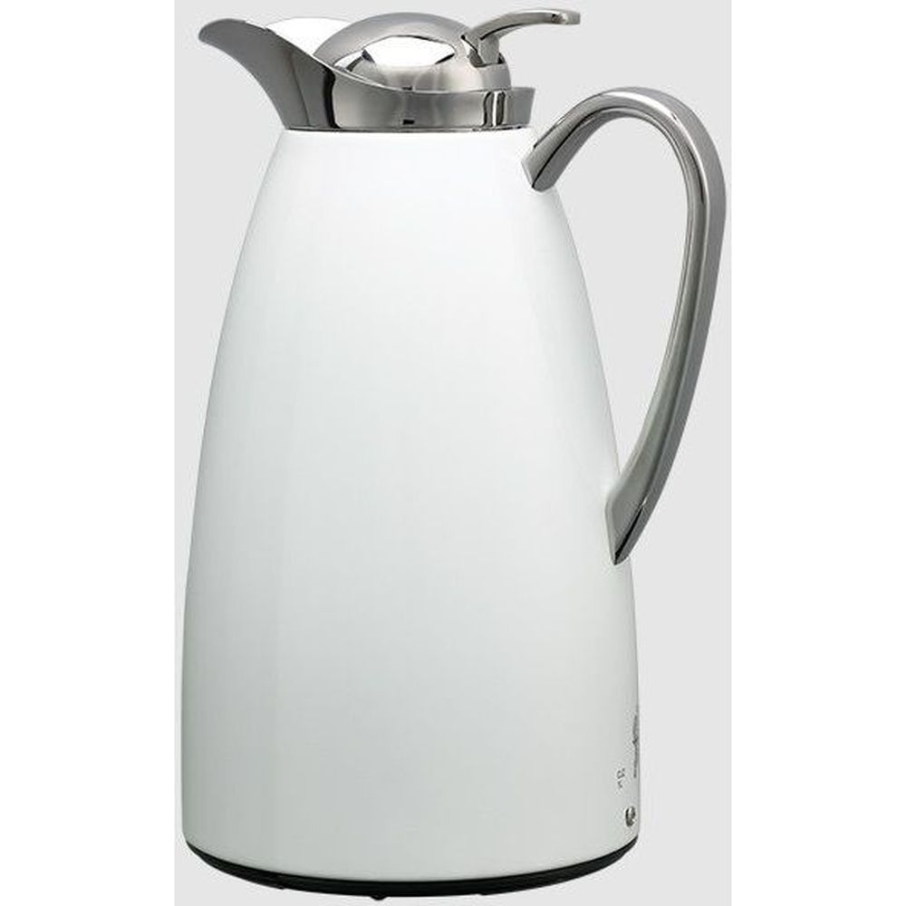 Service Ideas Classy White Finish Stainless Vacuum Insulated Carafe with Push Button, 1 Liter Capacity
