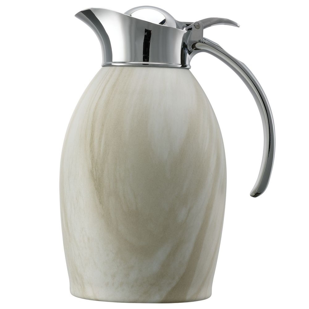 Service Ideas Nicollet Series 18/8 Stainless Steel White Marble Finish Vacuum Insulated Carafe with Flip Top, 1 Liter Capacity