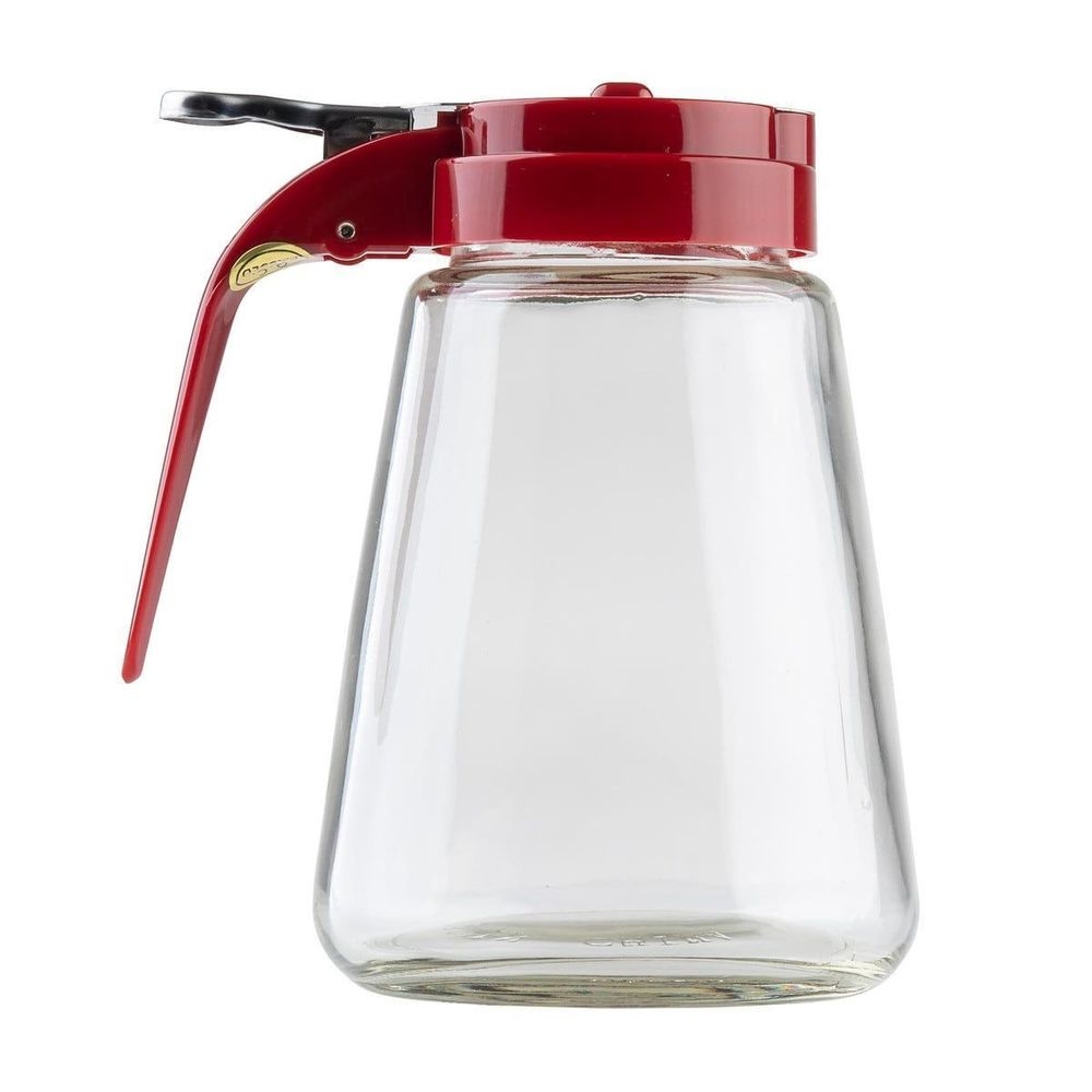 Tablecraft Modern Collection Red Plastic Top Glass Syrup Dispenser, 12 Ounce Capacity -- 12 per case