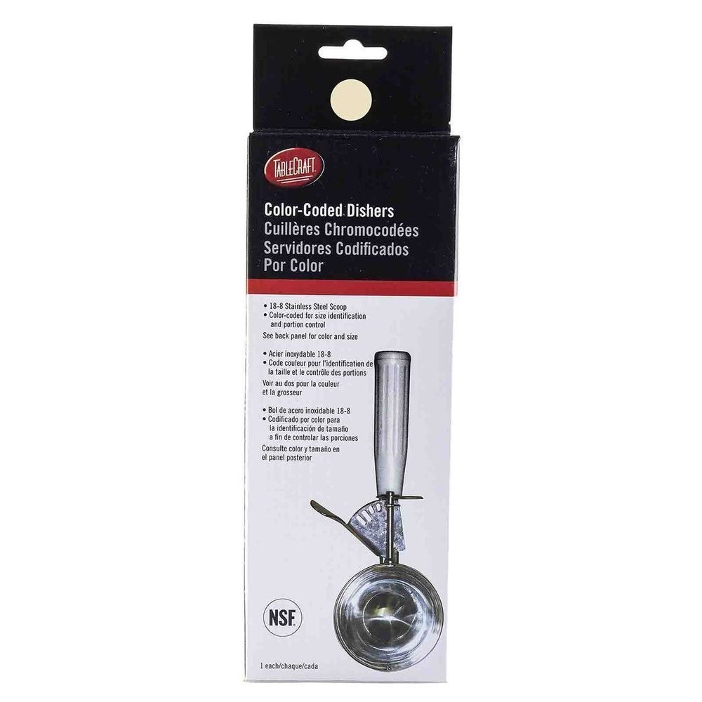 Tablecraft 18/8 Stainless Steel Ivory Size 10 Thumb Press Ice Cream Food Disher with Polyethylene Handle, 3 3/8 Ounce Capacity