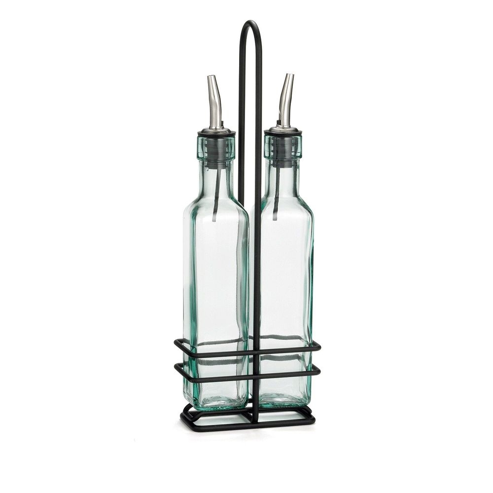 Tablecraft Prima Collection 8.5 Ounce Green Tinted Glass Oil and Vinegar Bottle with Black Powder Coated Metal Rack, 4.375 x 2.375 x 12.5 inch -- 6 per case
