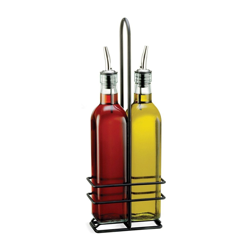 Tablecraft Prima Collection 16 Ounce Green Tinted Glass Pourer Bottles with Black Powder Coated Metal Rack, 5.125 x 2.75 x 15 inch -- 6 per case
