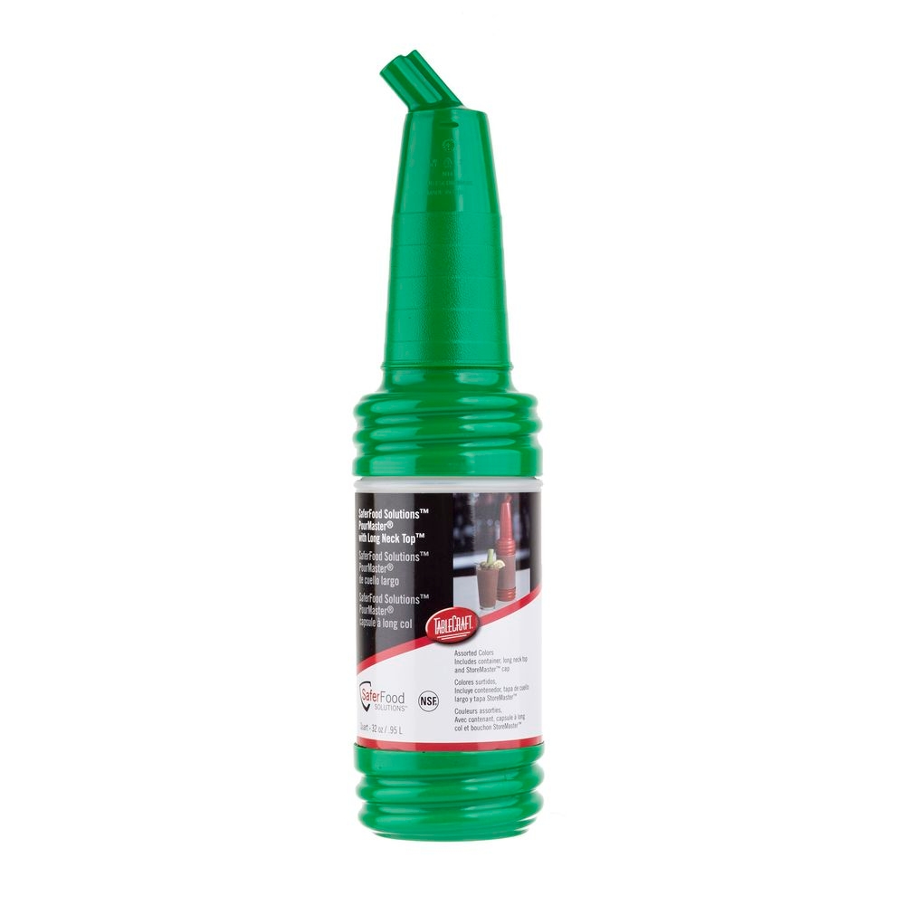 Tablecraft PourMaster High Density Polyethylene Green 1 Quart Bottle with Long Neck Top, 3.5 x 3.5 x 15.75 inch -- 12 per case