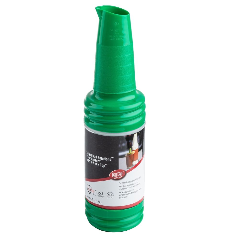 Tablecraft PourMaster High Density Polyethylene Green 1 Quart Bottle with V-Neck Top, 3.625 x 3.625 x 15.75 inch -- 12 per case