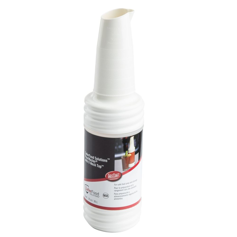 Tablecraft PourMaster High Density Polyethylene White 1 Quart Bottle with V-Neck Top, 3.625 x 3.625 x 15.75 inch -- 12 per case