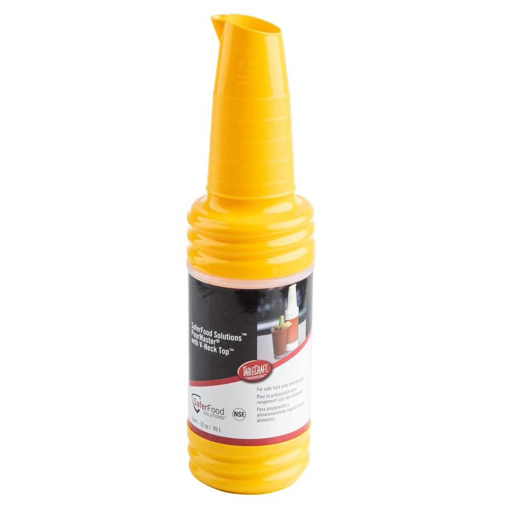 Tablecraft PourMaster High Density Polyethylene Yellow 1 Quart Bottle with V-Neck Top, 3.625 x 3.625 x 15.75 inch -- 12 per case