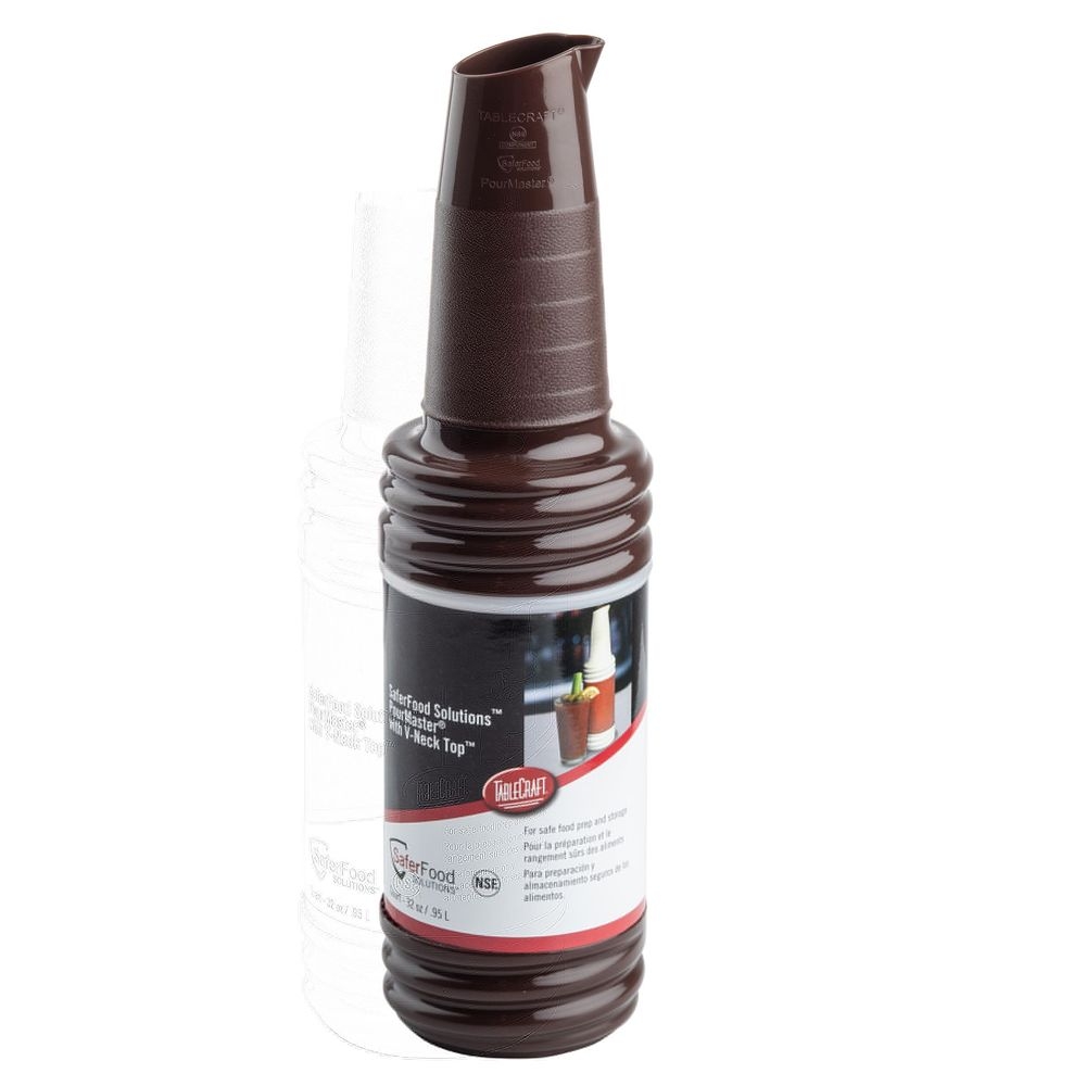 Tablecraft PourMaster High Density Polyethylene Brown 1 Quart Bottle with V-Neck Top, 3.625 x 3.625 x 15.75 inch -- 12 per case