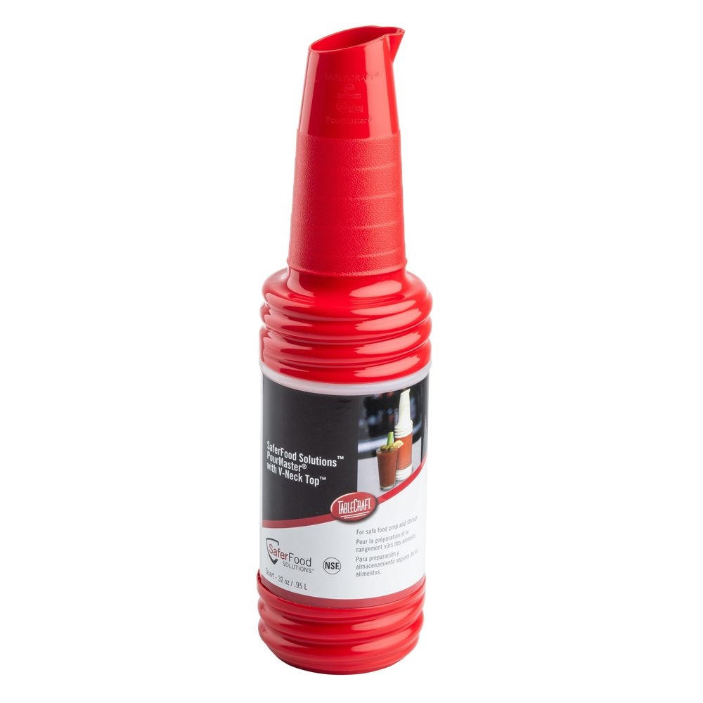 Tablecraft PourMaster High Density Polyethylene Red 1 Quart Bottle with V-Neck Top, 3.625 x 3.625 x 15.75 inch -- 12 per case
