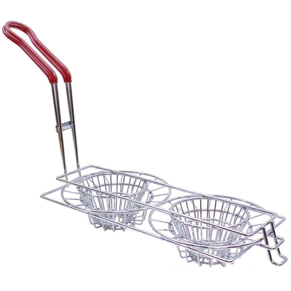 Tablecraft Nickel Plated Steel 8 inch Double Cup Tortilla Fry Basket with Red Vinyl Handle, 6.75 x 20 x 11.25 inch