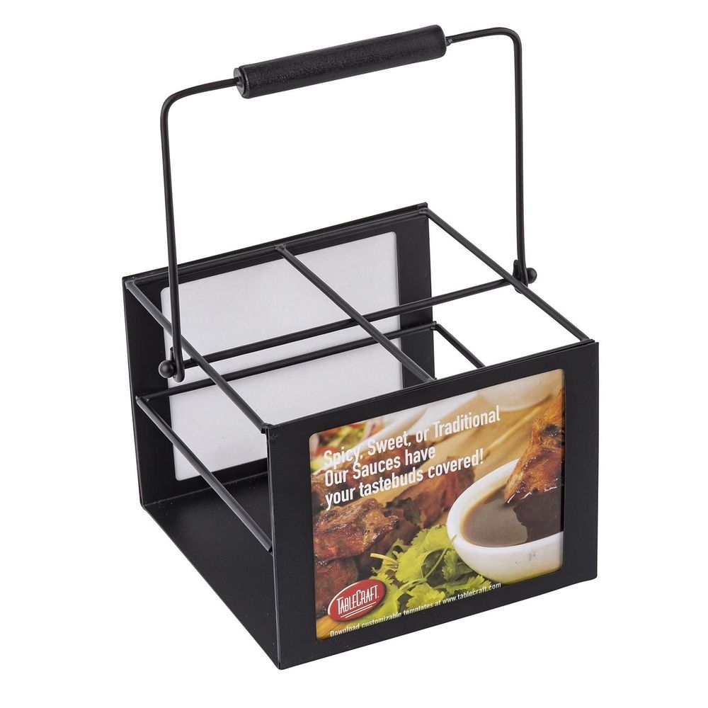 Tablecraft Black Powder Coated Metal Squeeze Bottle Caddy with Handle - Holds 4 63mm Bottles, 7.25 x 7.25 x 4.875 inch -- 2 per case