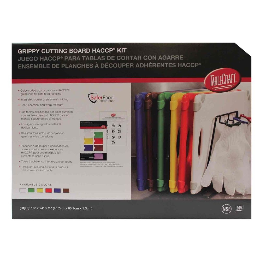 Tablecraft Grippy Polypropylene Color Coded 6 Piece Cutting Board Kit, 24 x 18 x 0.625 inch