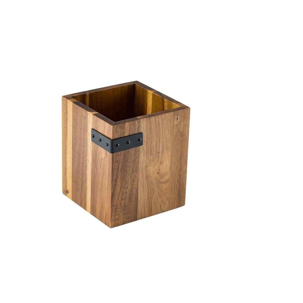 Tablecraft Industrial Collection Acacia Wood with Metal Banding Cutlery Holder, 5 x 5 x 6 inch