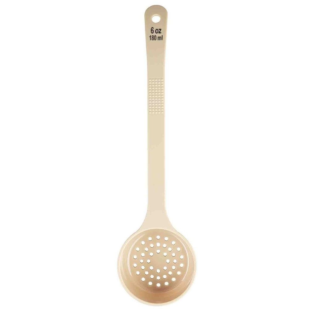 Tablecraft Polycarbonate Beige Perforated Long Handle Spoonout with Black Capacity Marking, 6 Ounce Capacity -- 12 per case