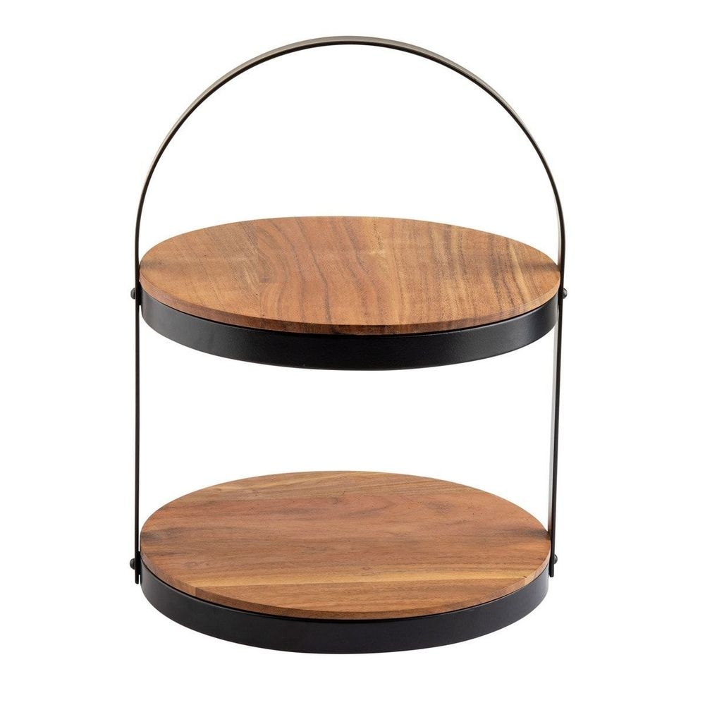 Tablecraft Acacia and Black Powder Coated Metal Collapsible Round Two-Tiered Display Stand, 12 x 11.4 x 16 inch