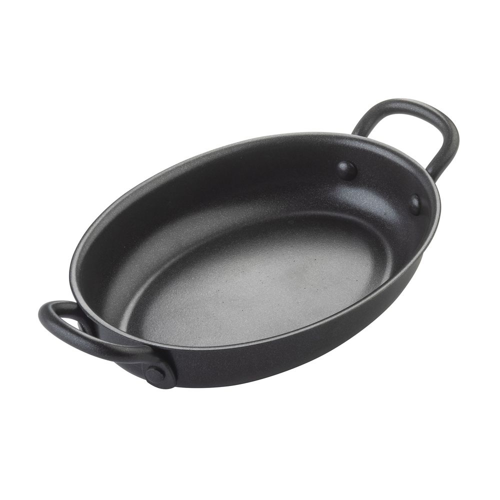Tablecraft Non-Stick PTFE Coating Steel Black Oval Mini Serving Pan with Handles, 12 Ounce Capacity -- 12 per case