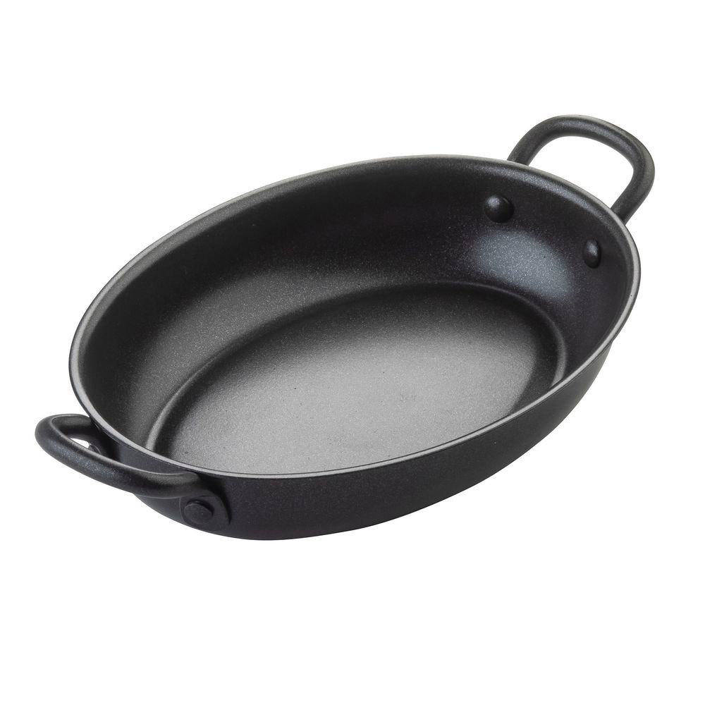 Tablecraft Non-Stick PTFE Coating Steel Black Oval Mini Serving Pan with Handles, 16 Ounce Capacity -- 12 per case