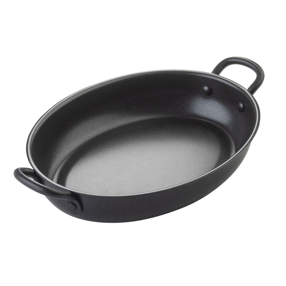 Tablecraft Non-Stick PTFE Coating Steel Black Oval Mini Serving Pan with Handles, 26 Ounce Capacity -- 12 per case