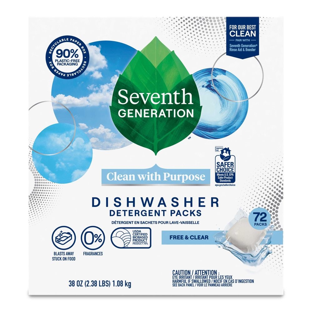 Seventh Generation Free and Clear Dishwasher Detergent Packs, 72 count -- 2 per case