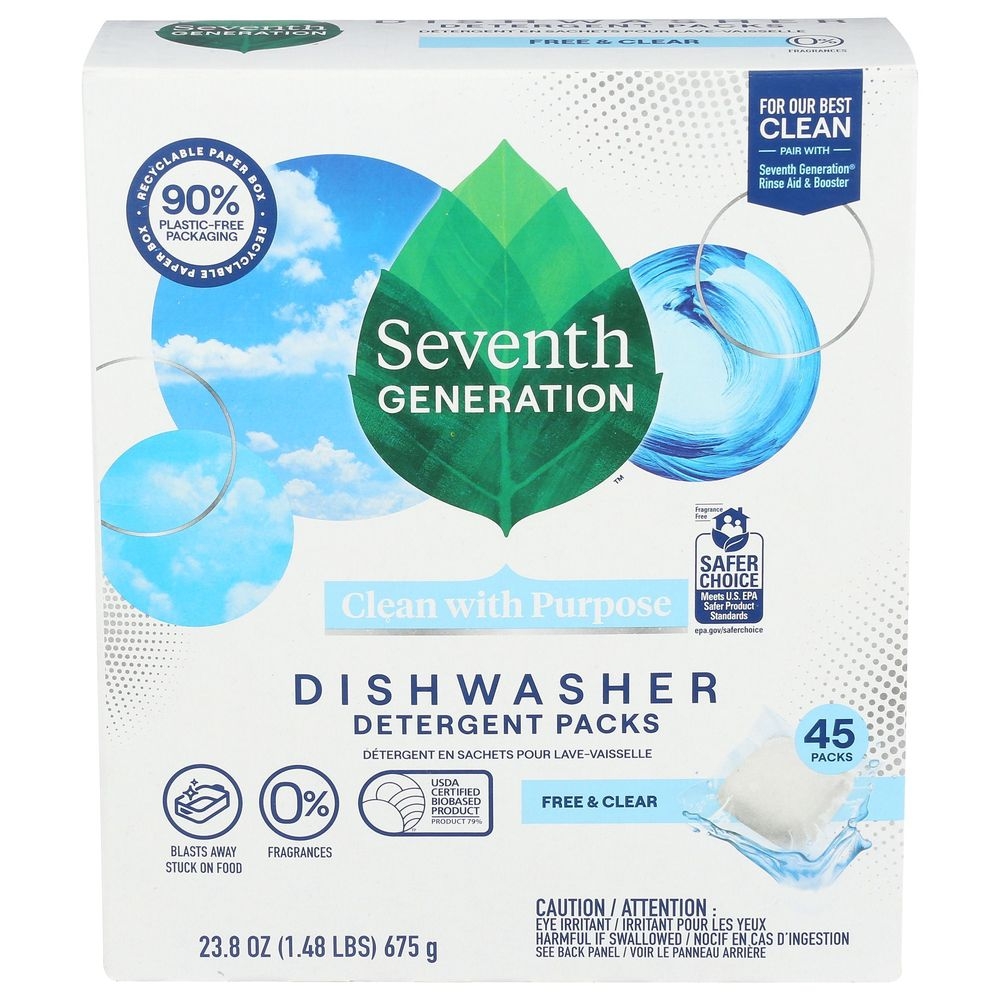 Seventh Generation Free and Clear Dishwasher Detergent Packs, 45 count -- 5 per case
