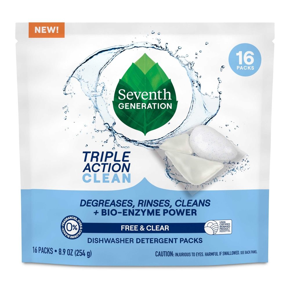Seventh Generation Triple Action Clean Free and Clear Dishwasher Detergent Packs, 16 count -- 8 per case