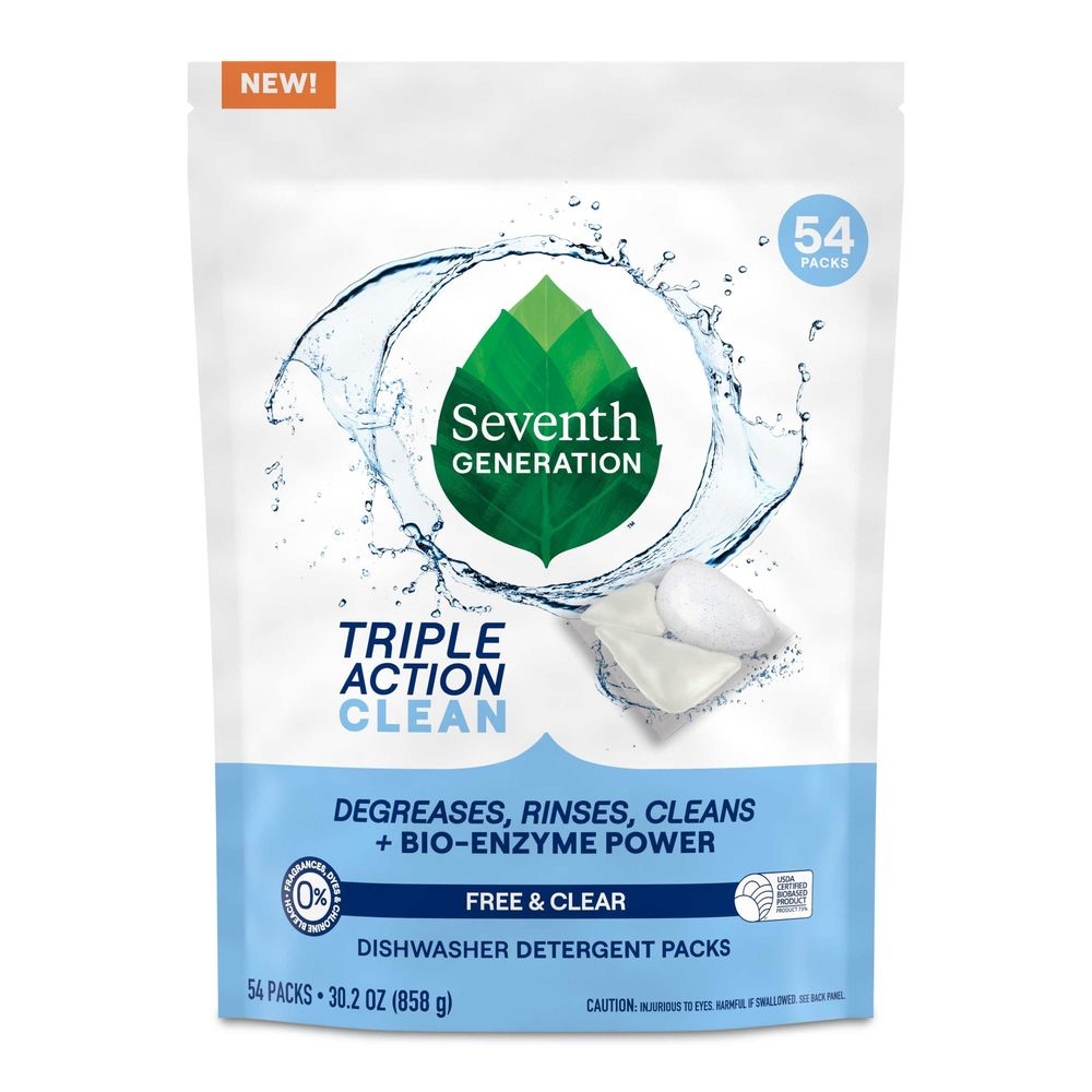 Seventh Generation Triple Action Clean Free and Clear Dishwasher Detergent Packs, 54 count -- 4 per case