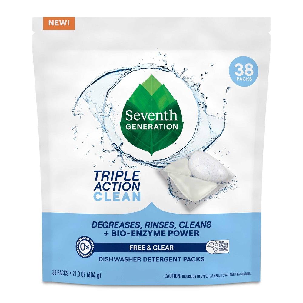 Seventh Generation Triple Action Clean Free and Clear Dishwasher Detergent Packs, 38 count -- 6 per case