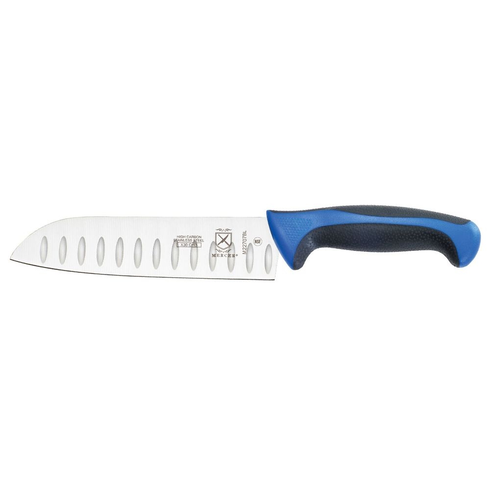 Mercer Culinary Millennia Granton Edge Santoku Knife with Blue Handle, 7 inch