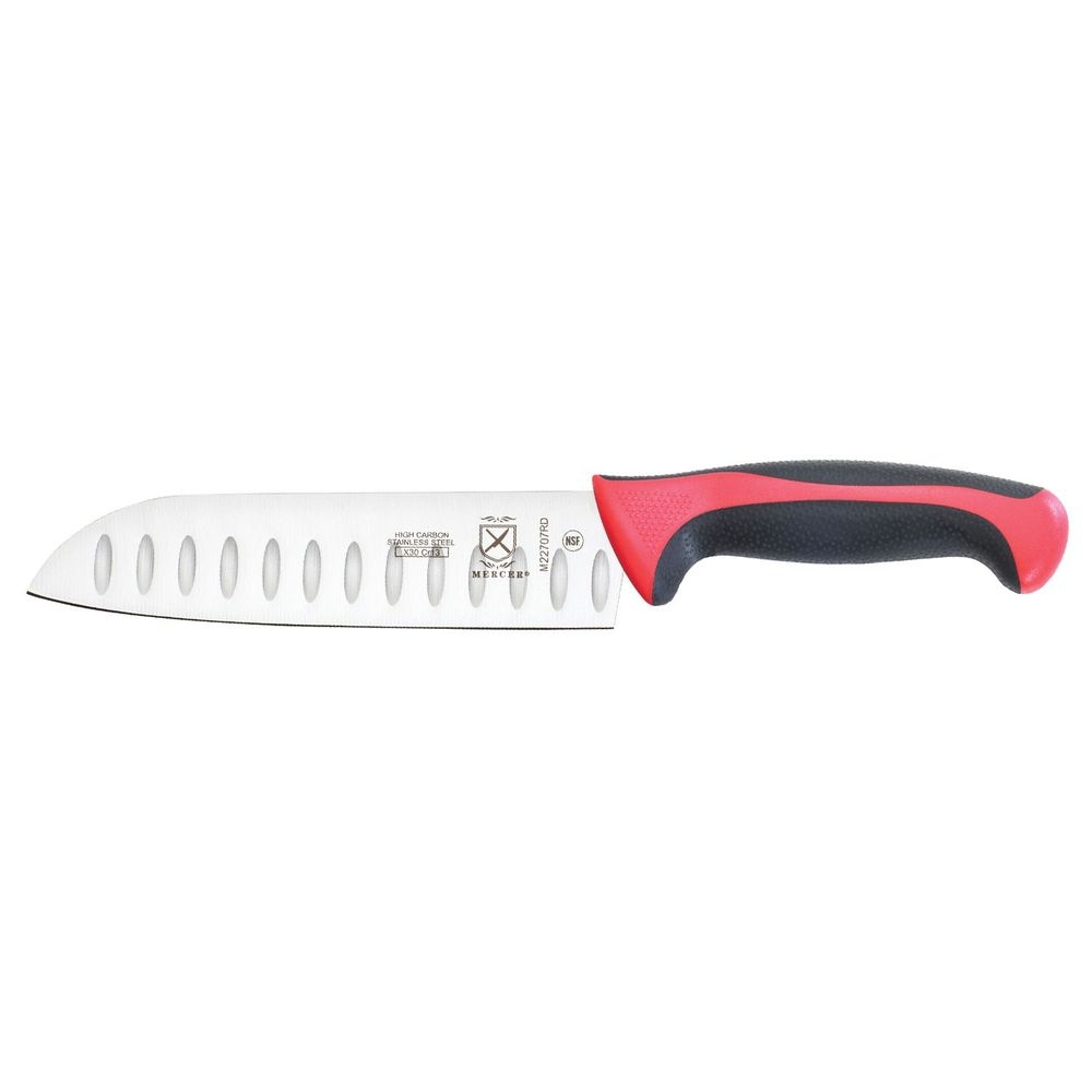 Mercer Culinary Millennia Granton Edge Santoku Knife with Red Handle, 7 inch