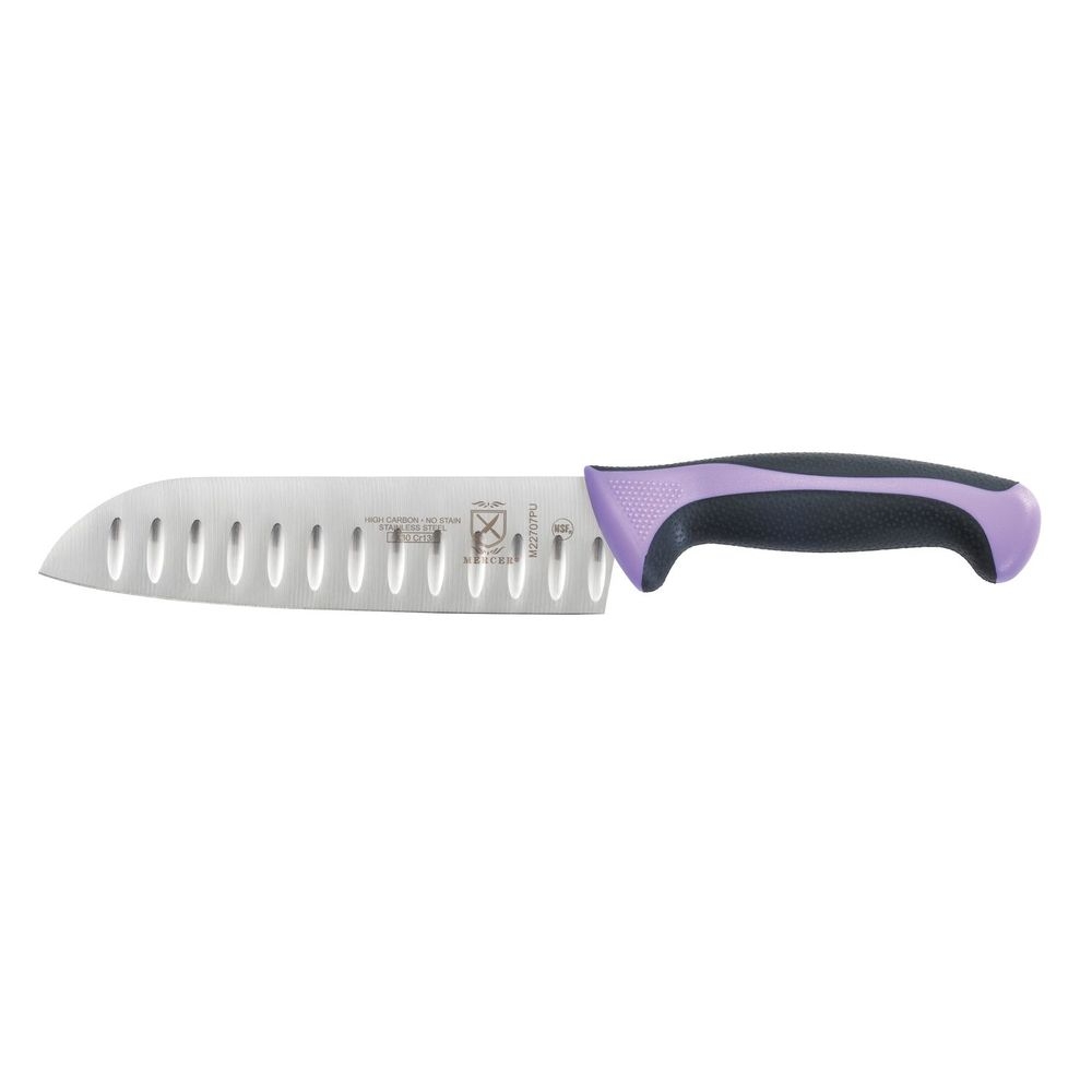 Mercer Culinary Millennia Granton Edge Santoku Knife with Purple Handle, 7 inch