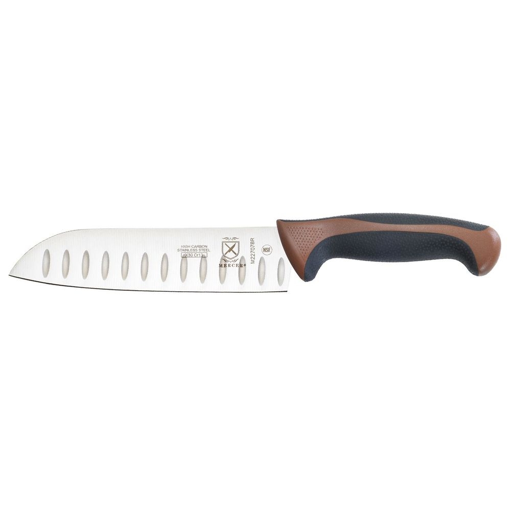 Mercer Culinary Millennia Granton Edge Santoku Knife with Brown Handle, 7 inch
