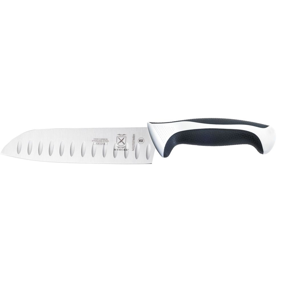 Mercer Culinary Millennia Granton Edge Santoku Knife with White Handle, 7 inch