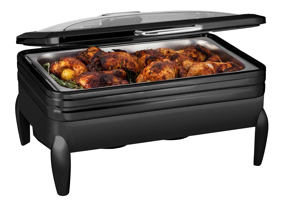 Rosseto De Luxe Black Matte Rectangle  Chafing Dish with Glass Lid Frame Burner Holder and Induction Option, 9.51 Quart