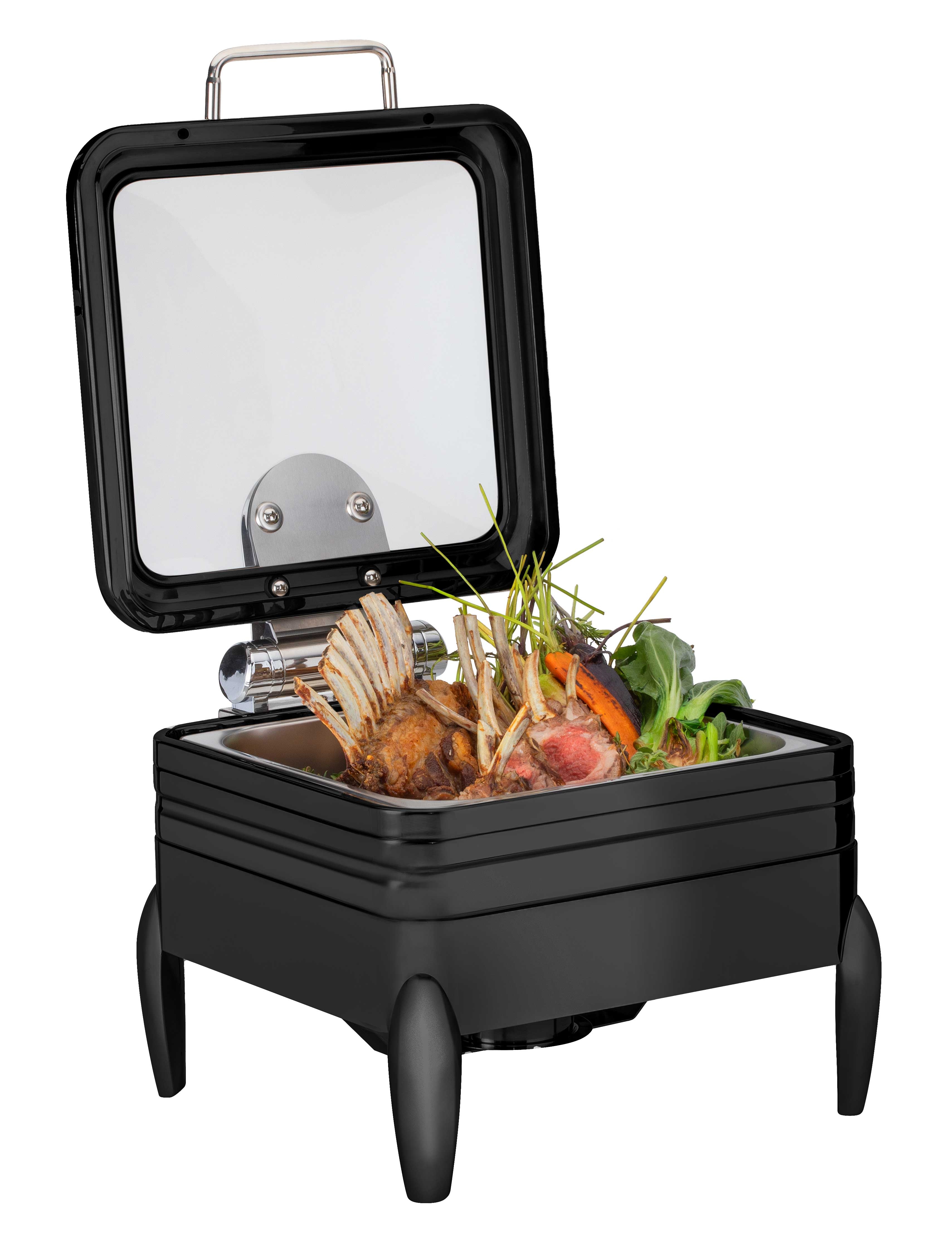 Rosseto De Luxe Square Matte Black Chafing Dish with Glass Lid Frame Burner Holder and Induction Option, 6.34 Quart