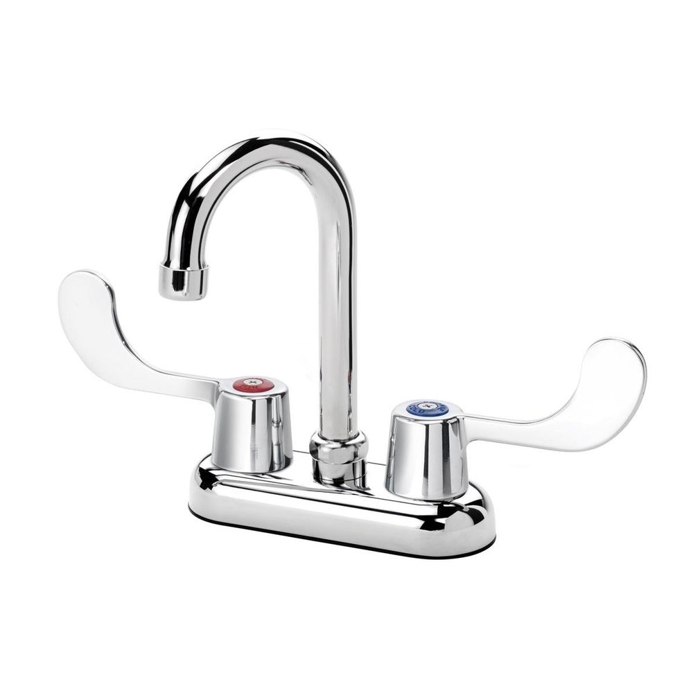 Krowne Silver Series 4 inch Center Deck Mount Faucet with 3.5 inch Wide Gooseneck Spout and Vandal Resistant Wrist Blades Handles