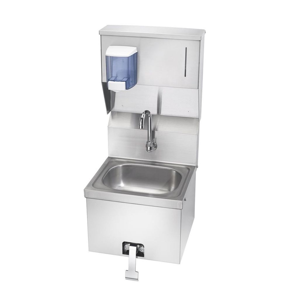 Krowne Hand Sink with Knee Pedal Valve and Soap and Towel Dispenser, 16 x 15 x 19 .5 inch