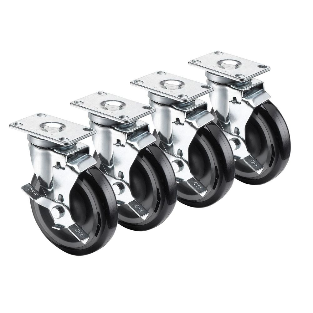 Krowne Universal 6 inch Overall 2.38 x 2.38 inch Plate Caster with Side Brake and 5 inch Wheel, set of 4